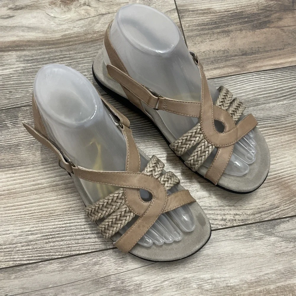Abeo Betsy Sandals Women 7.5N‎ Tan Leather Strappy Slide Boho Comfort Summer